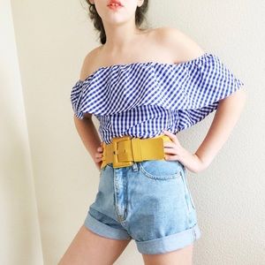 Blue Gingham Off-Shoulder Top